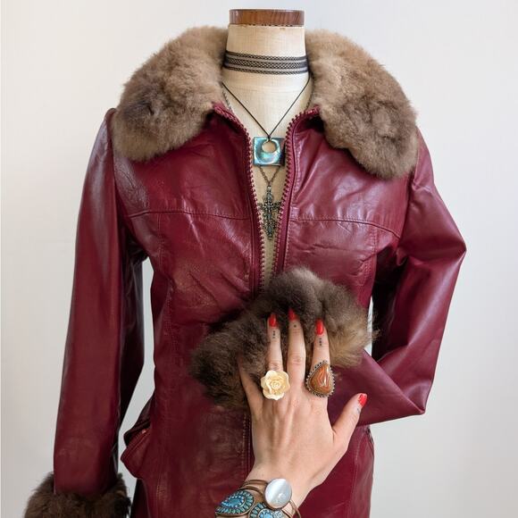 Vintage Red Leather Jacket Penny Lane Fur Trim Coat Grunge Boho Bomber Medium - Picture 3 of 12